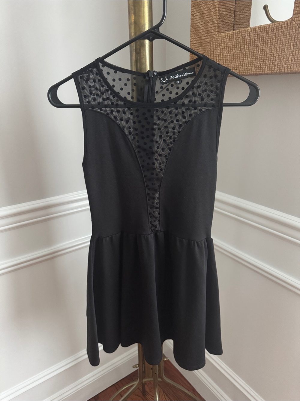 For Love & Lemons Black Polka Dot Mesh Peplum Mini Dress